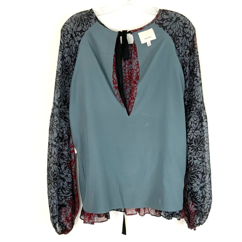 New Cinq a Sept Silk Chiffon Floral Tie Back Peplum Blouse Red Black Sz XS - Picture 14 of 16